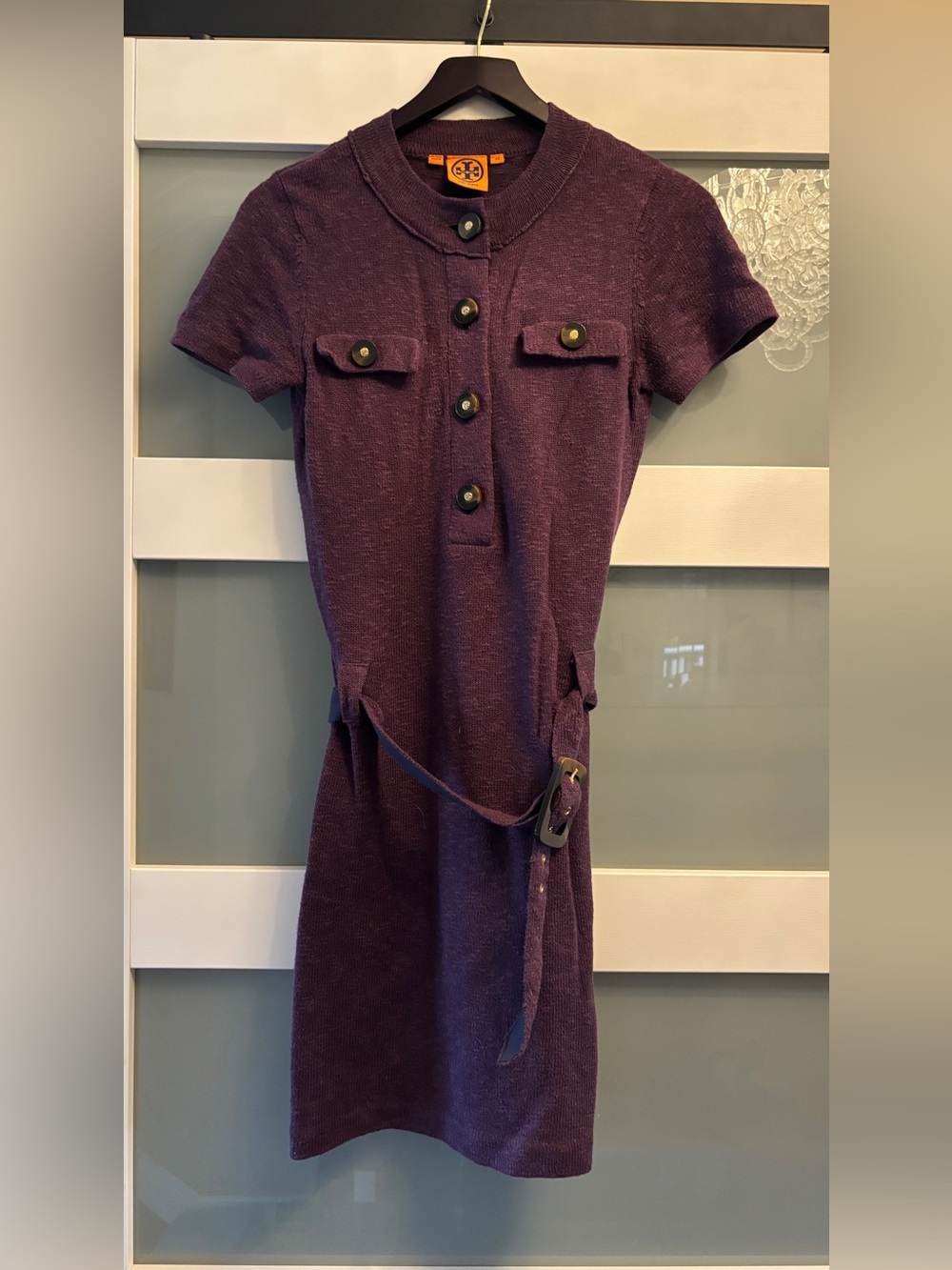Tory Burch Linen Blend Belted Dress XS Plum Short Sleeve